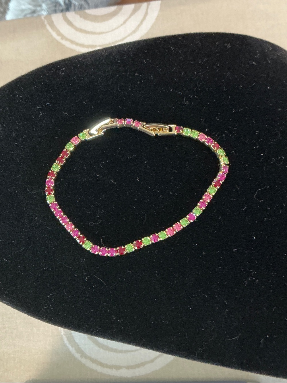 Gold Tone Tennis Bracelet with Pink and Green Stones
